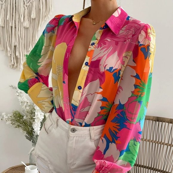 Pink Boho Womens Floral Print Puff Sleeve Shirt - Picture 5 of 5